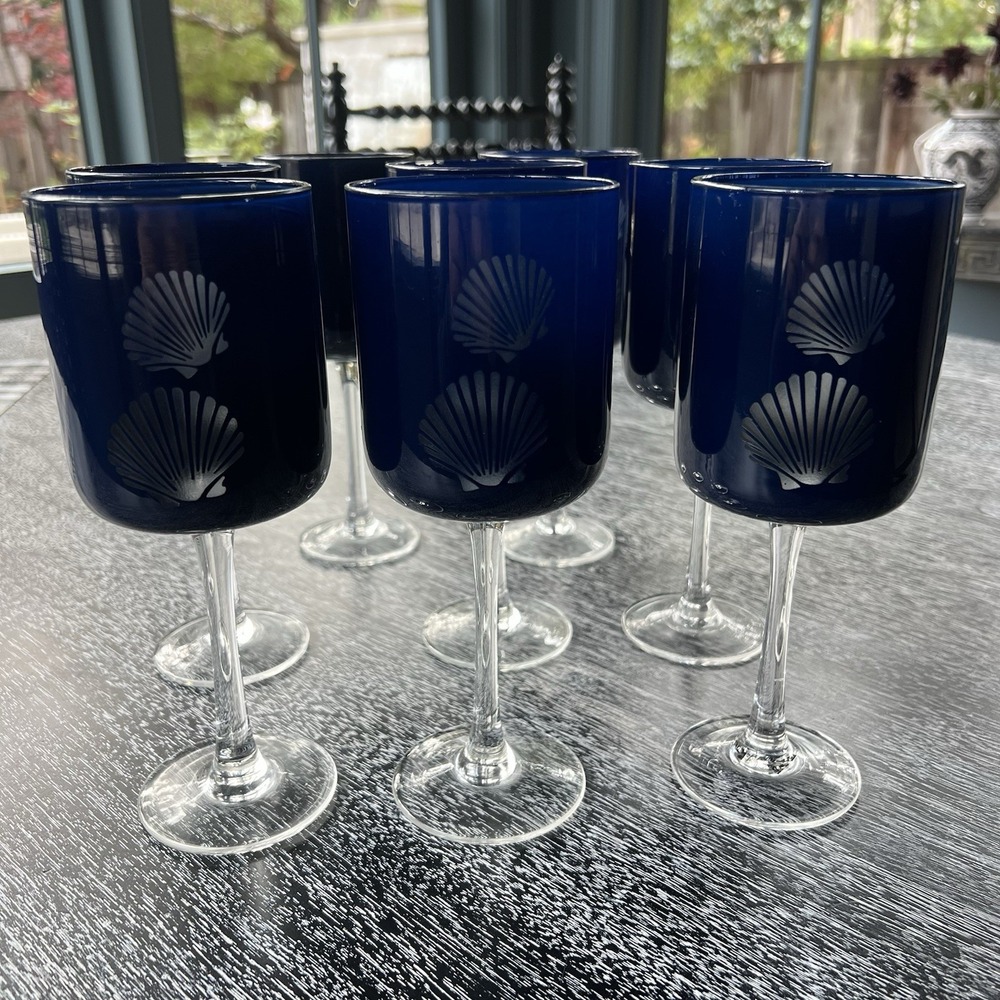 ROSCHER & Co Votive 8" Goblets Stemware Cobalt Blue Scallop Shells - Set Of 6‎